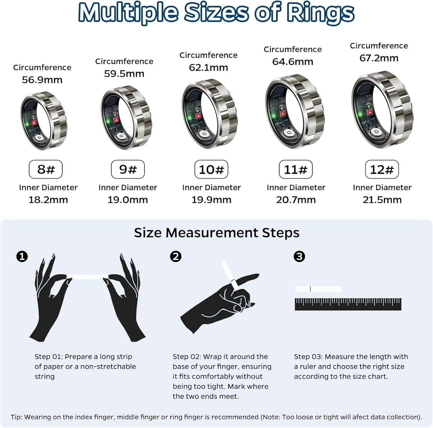 Smart Health Monitoring Ring with Sleep Tracking, Heart Rate Monitoring, and Waterproof Fitness Features, Compatible with iOS and Android (Stylish Silver #8)